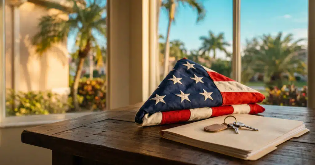 American flag, keys, and notebook