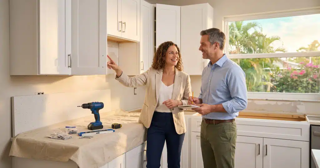 Couple discussing home renovation plans.