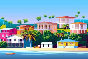 TropicalIslandCityscapeWithTraditionalHousesPalmsAndGreenTrees