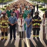 Foto externa de uma linha de professores, médicos e enfermeiros